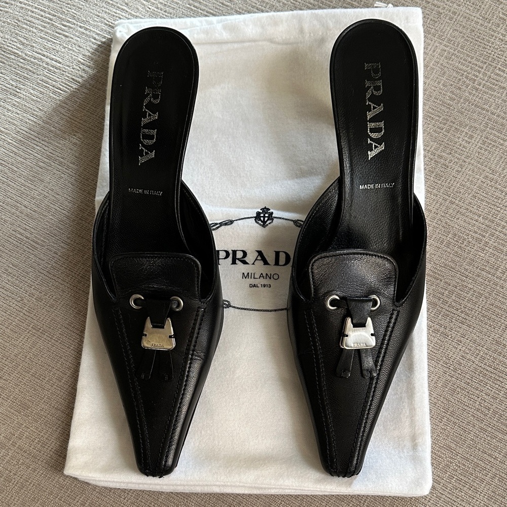 Prada Black Leather Pointed Toe Mules with Silver Hardware